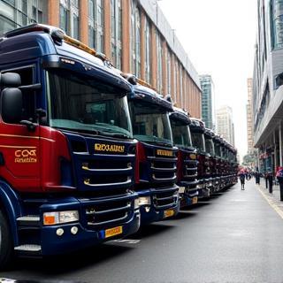 Modern recovery truck fleet lined up in London